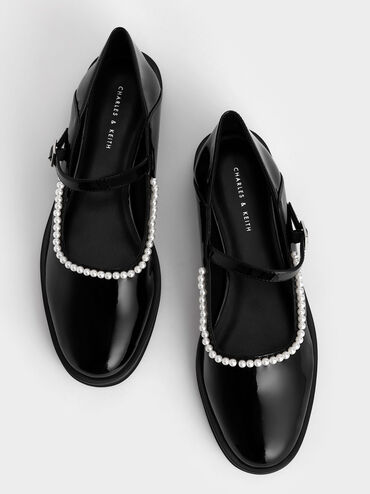 حذاء ماري جين من الجلد اللامع المزين بالخرز, أسود, hi-res