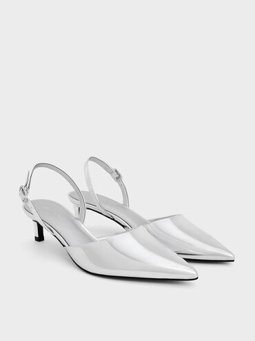 Metallic Pointed-Toe Slingback Kitten Heels, Silver, hi-res
