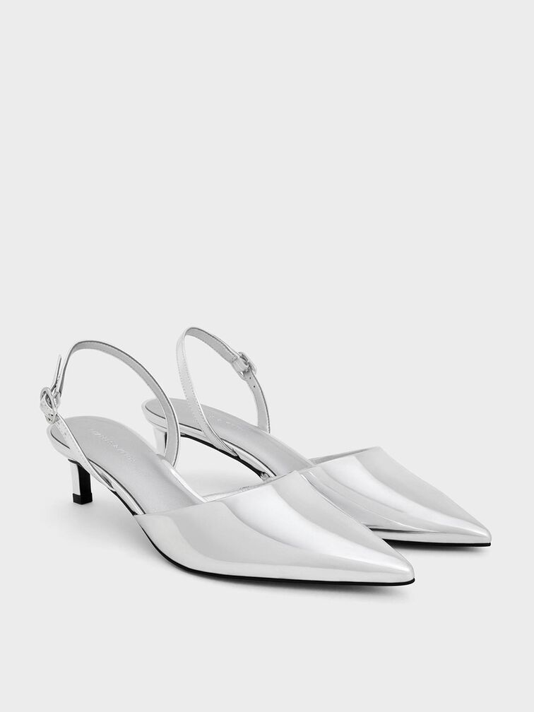 Metallic Pointed-Toe Slingback Kitten Heels, Silver, hi-res