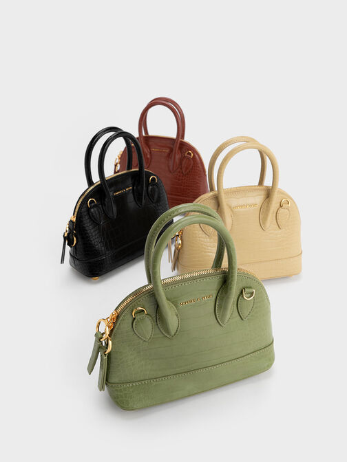 Harmonee Croc-Embossed Bowling Bag, Mocha, hi-res