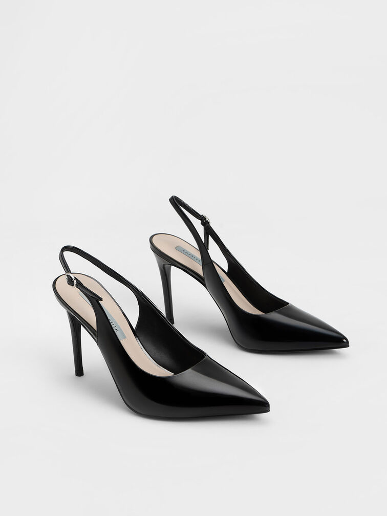 Stiletto Heel Slingback Pumps, Black Patent, hi-res