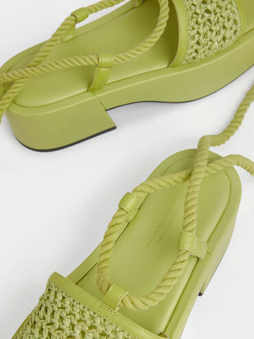 Micah Raffia & Leather Tie-Around Flatforms, Green, hi-res