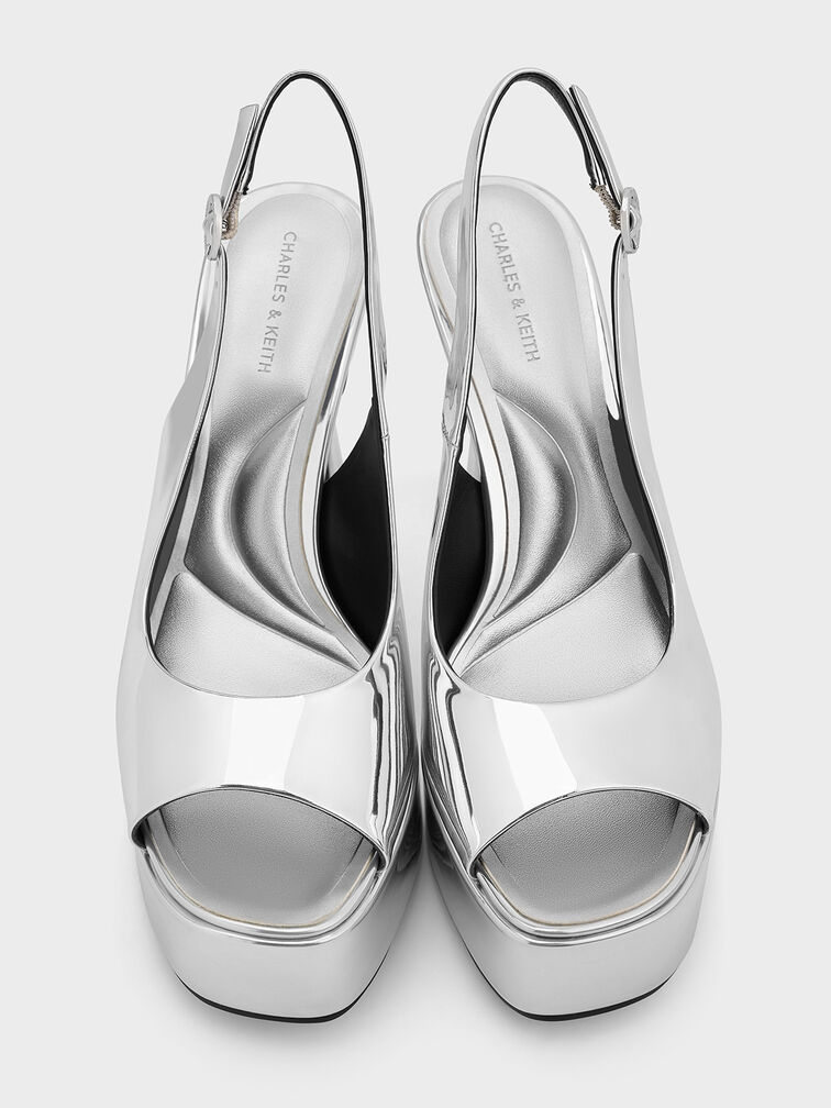 Metallic Peep-Toe Stiletto-Heel Platform Sandals, Silver, hi-res