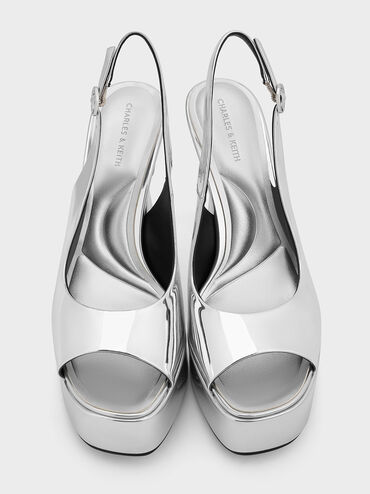 Metallic Peep-Toe Stiletto-Heel Platform Sandals, Silver, hi-res