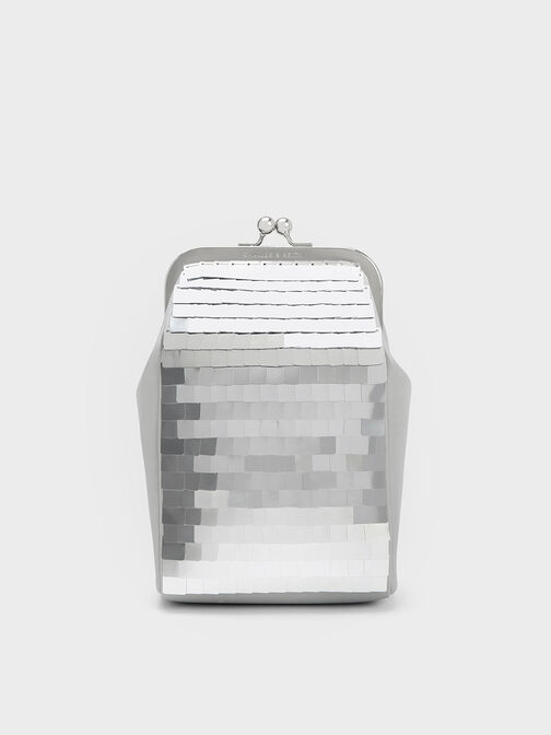 Disc-Embellished Chain Handle Pouch, Silver, hi-res