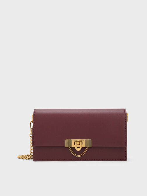 Tallulah Metallic Push-Lock Wallet, Burgundy, hi-res