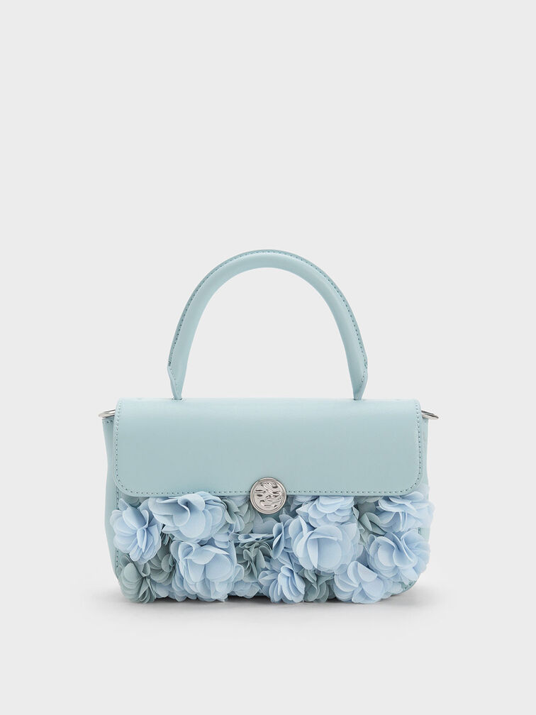 Floral Mesh Top Handle Bag, Light Blue, hi-res