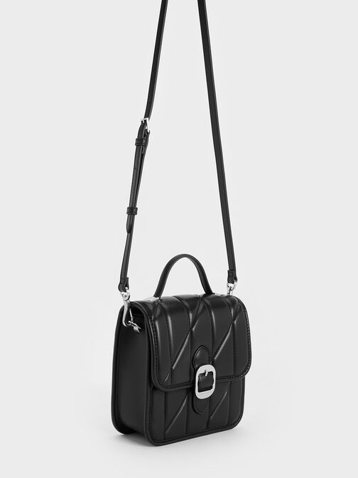 Lin Quilted Belted Backpack, Noir, hi-res