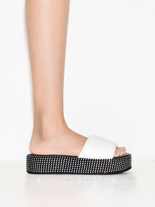 Crystal-Embellished Flatform Sandals, White, hi-res
