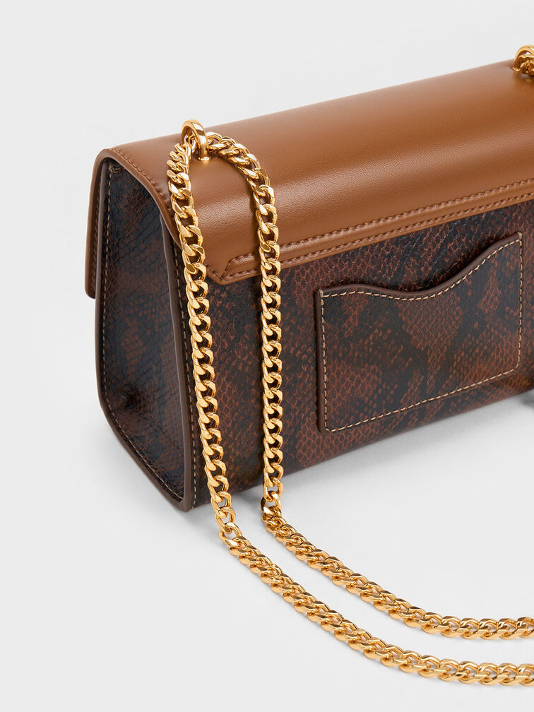 Snake Print Metallic Accent Clutch, Chocolate, hi-res