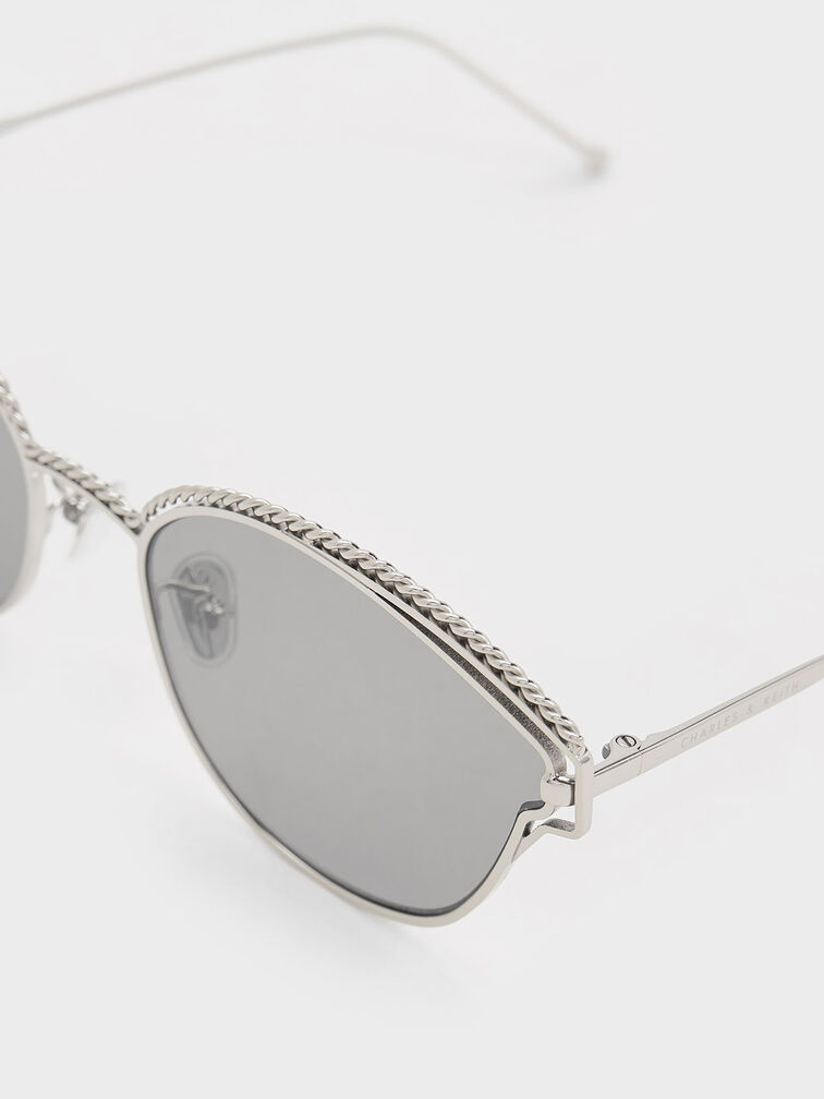 Braided Wire-Frame Cateye Sunglasses, Silver, hi-res