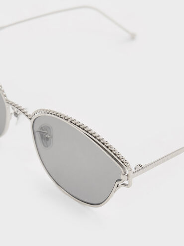 Braided Wire-Frame Cateye Sunglasses, Silver, hi-res