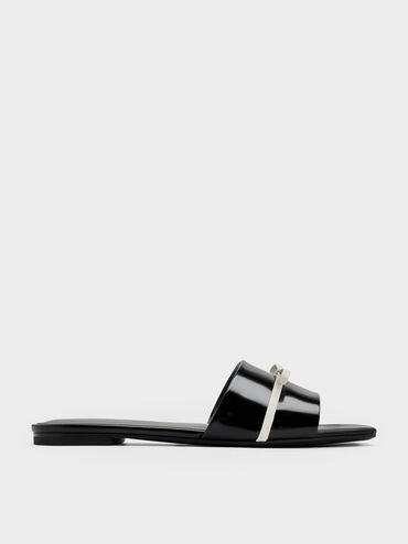 Two-Tone Bow Slide Sandals, Black Boxed, hi-res