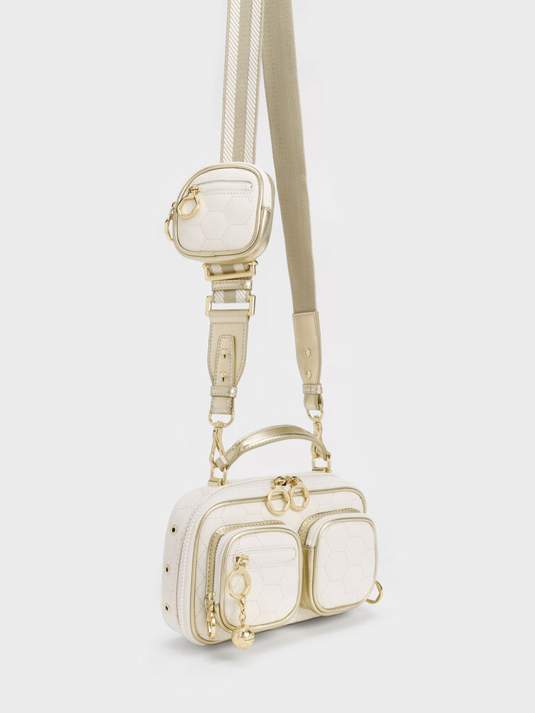 Textured Multi-Pouch Crossbody Bag, Gold, hi-res