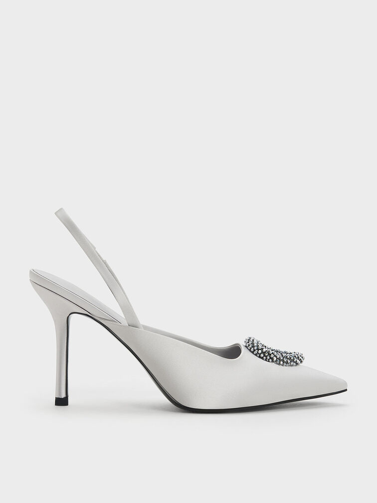 Recycled Polyester Beaded Circle Slingback Pumps, Silver, hi-res