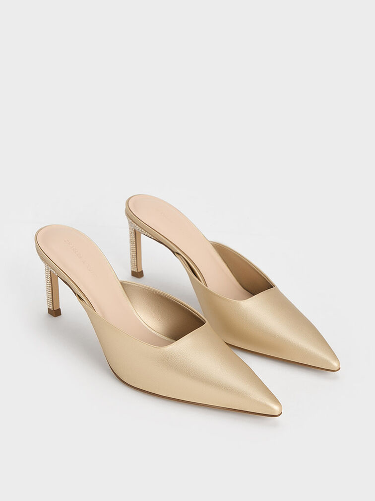 Crystal-Heel Pointed-Toe Mules, Gold, hi-res