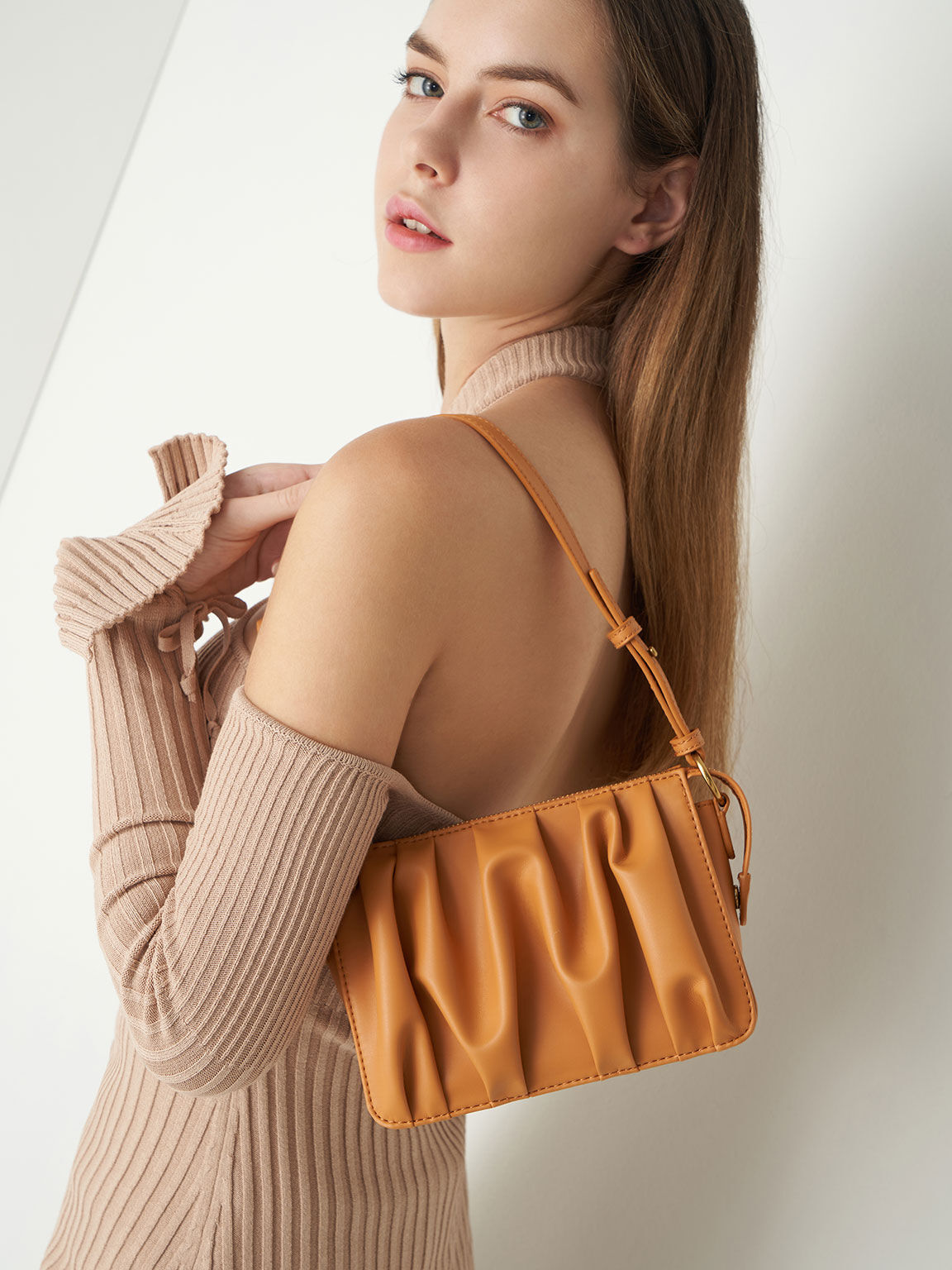 Ruched Bead Handle Shoulder Bag Orange