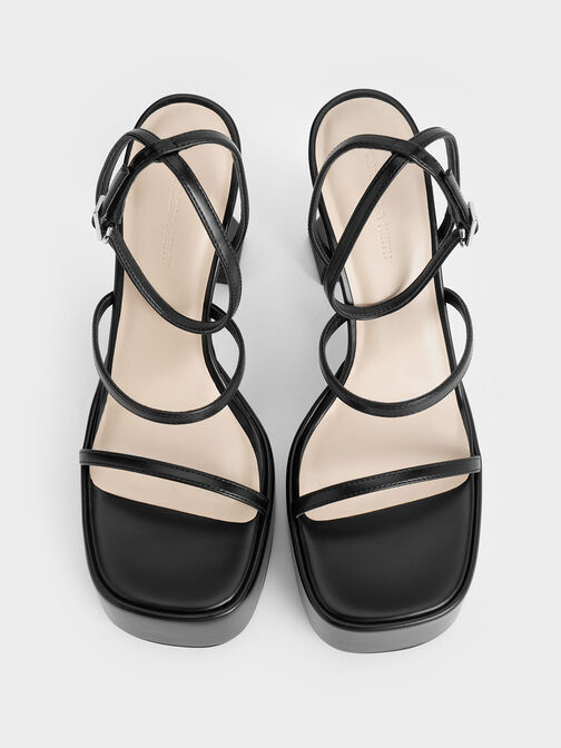Strappy Sculptural-Heel Platform Sandals, Black, hi-res