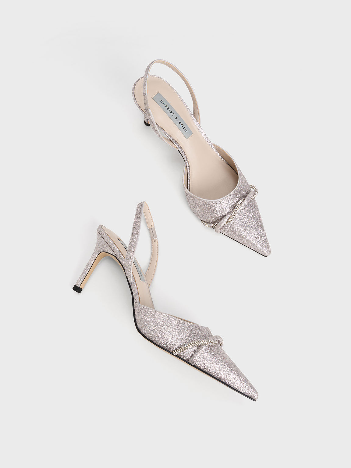 Twist Detail Glittered Slingback Pumps, Silver, hi-res