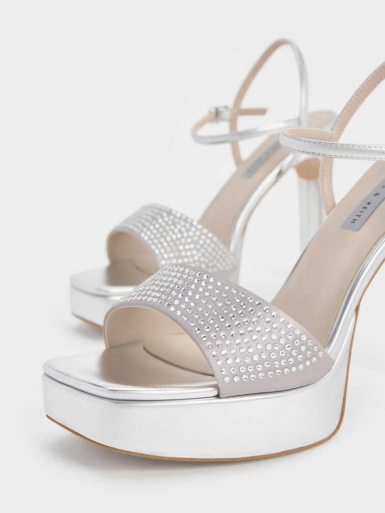 Metallic Crystal-Embellished Platform Sandals, Silver, hi-res