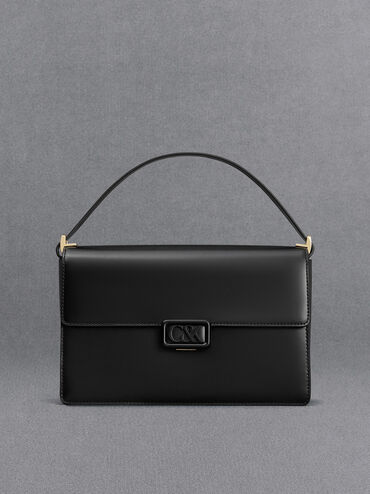 Leather Shoulder Bag, Black, hi-res