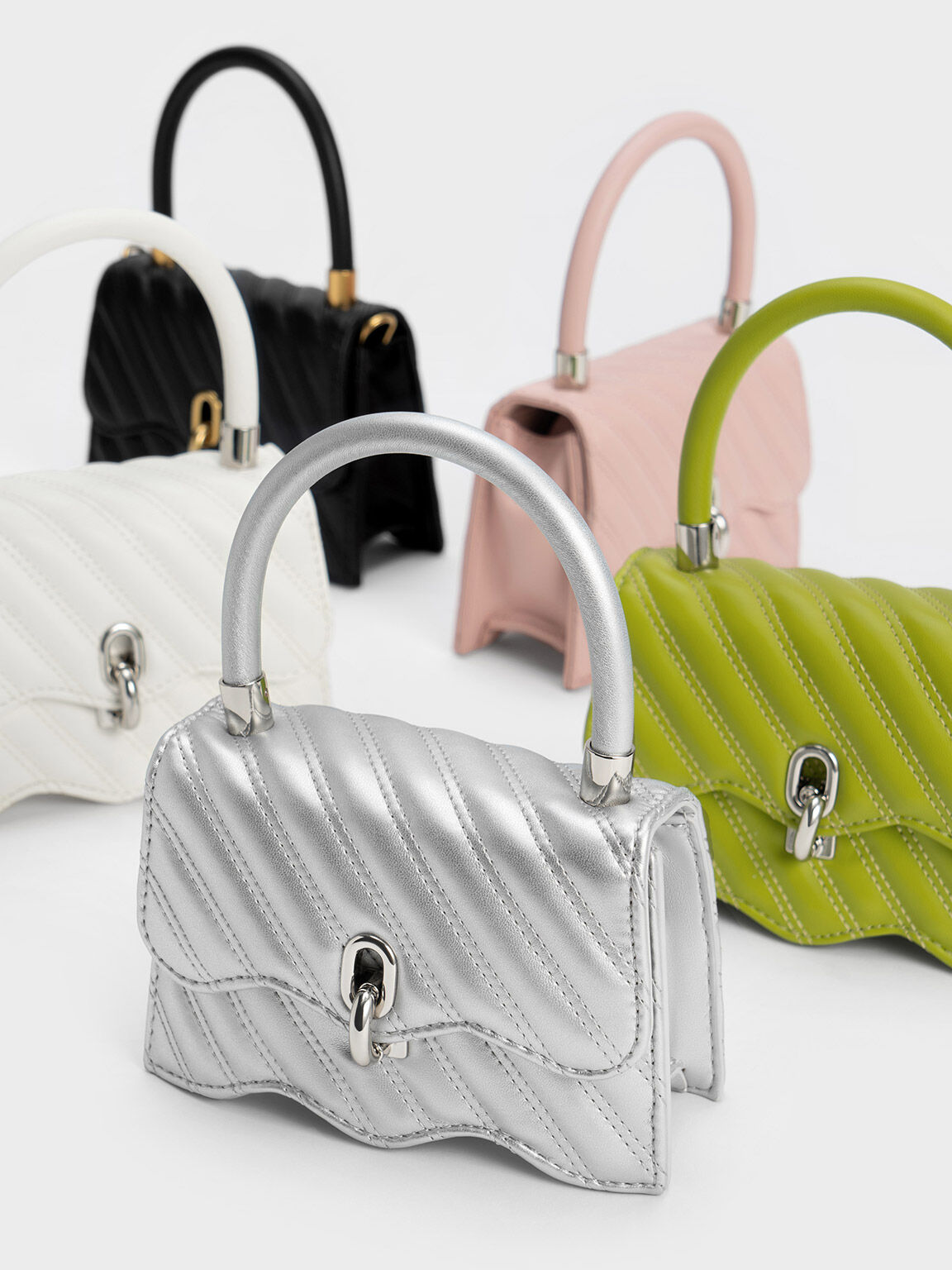 Freja Wavy Quilted Top Handle Bag, Silver, hi-res