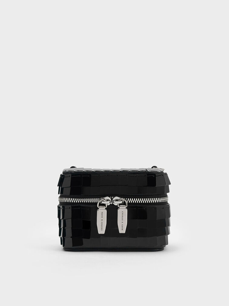 Disc-Embellished Vanity Pouch, Black, hi-res