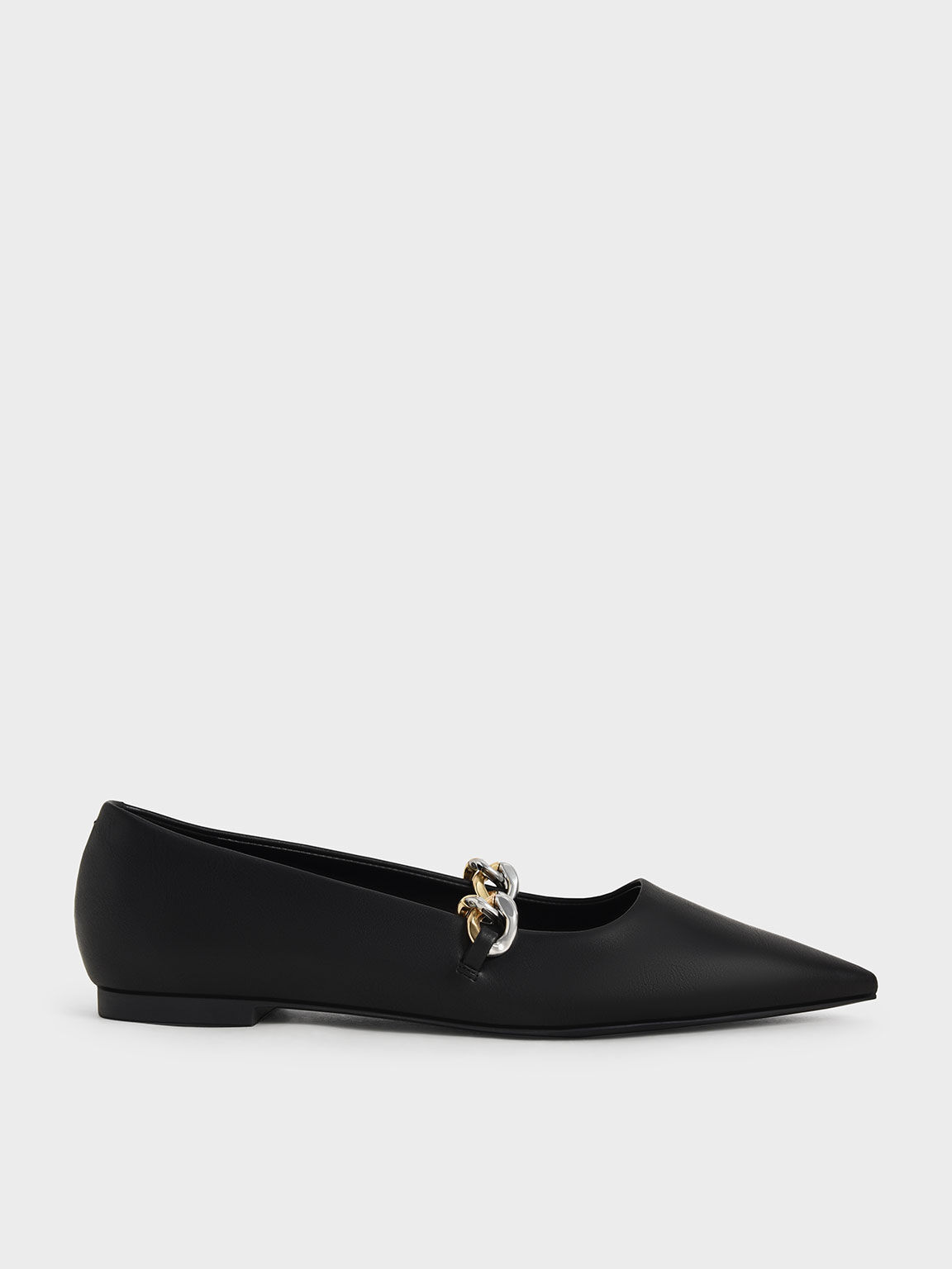 حذاء ماري جين مسطح مزين بسلسلة عريضة, أسود, hi-res