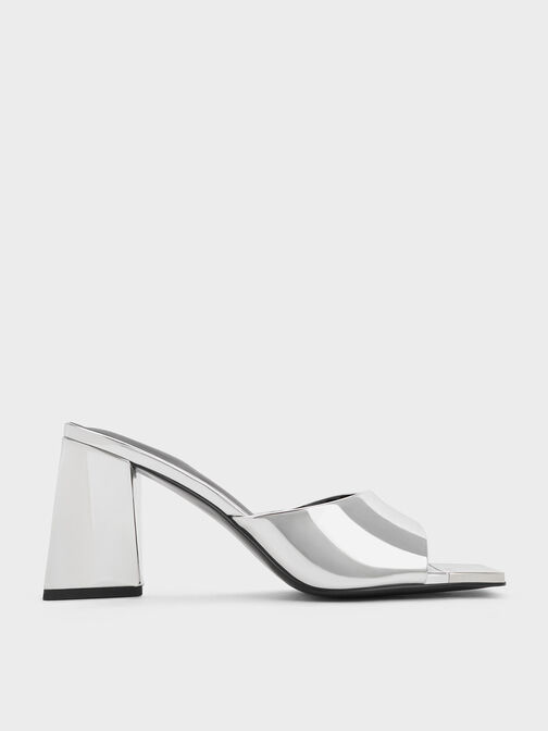 Metallic Cap Sculptural Heel Mules, Silver, hi-res