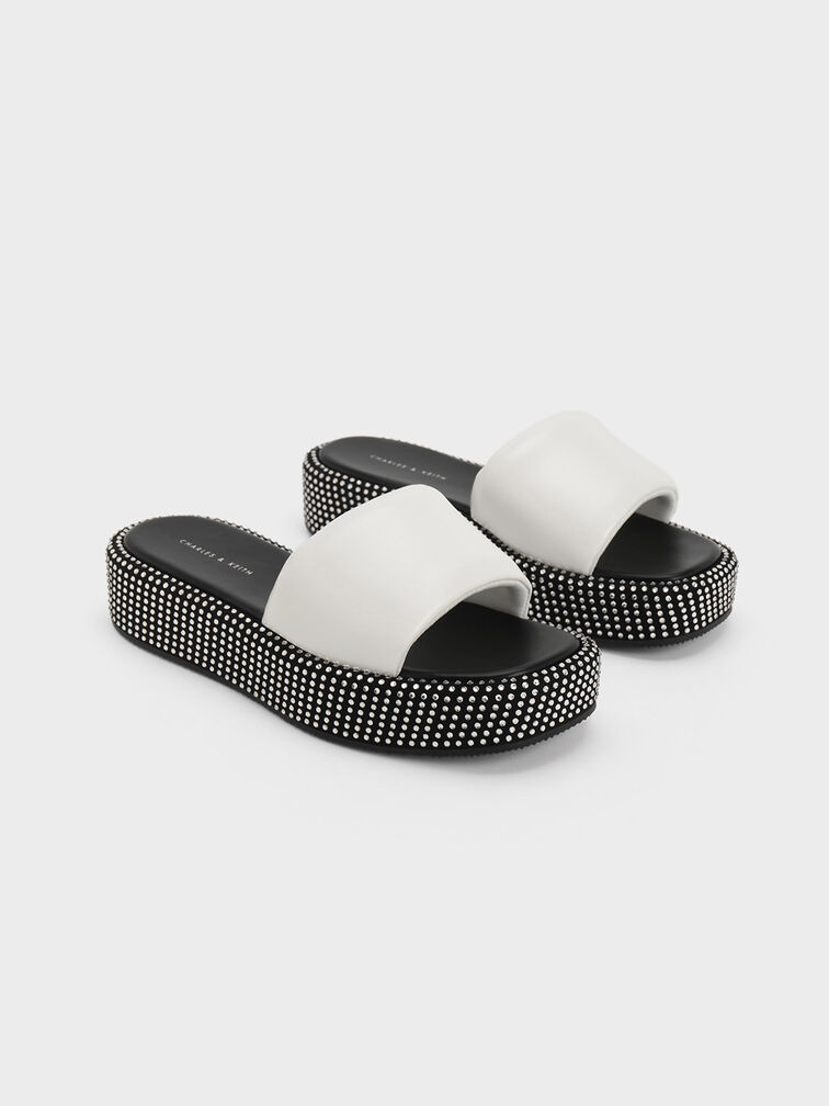 Crystal-Embellished Flatform Sandals, White, hi-res
