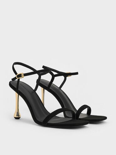 Faux Suede Sculptural-Heel Ankle-Strap Sandals, Black Textured, hi-res