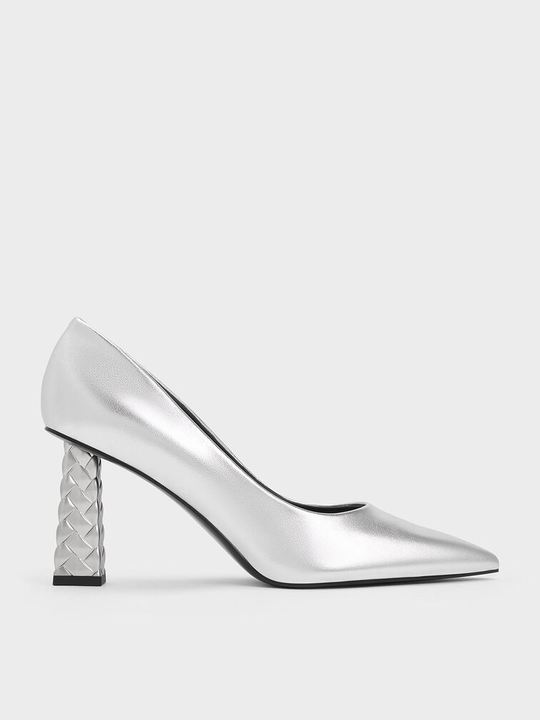 Metallic Quilted Heel Pointed-Toe Pumps, Silver, hi-res
