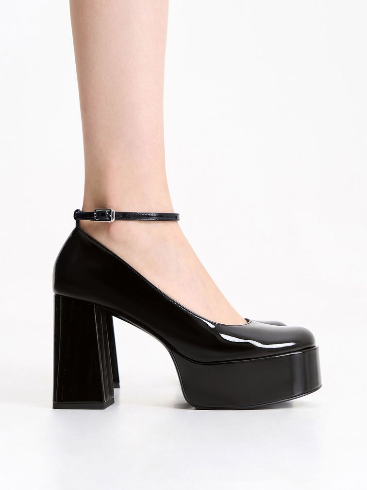 Patent Ankle-Strap Platform Pumps, Black, hi-res