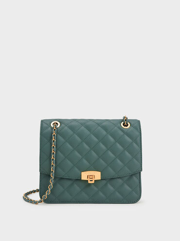 Quilted Push-Lock Clutch Bag, Teal, hi-res