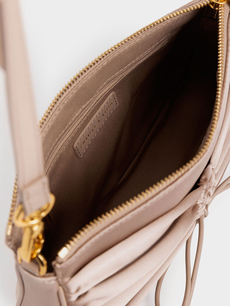 Satin Bow-Tie Bead-Handle Shoulder Bag, Beige, hi-res