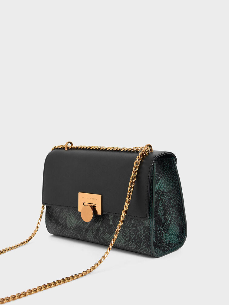 حقيبة يد صغيرة بطبعة جلد الثعبان بسلسلة كتف, أخضر غامق, hi-res