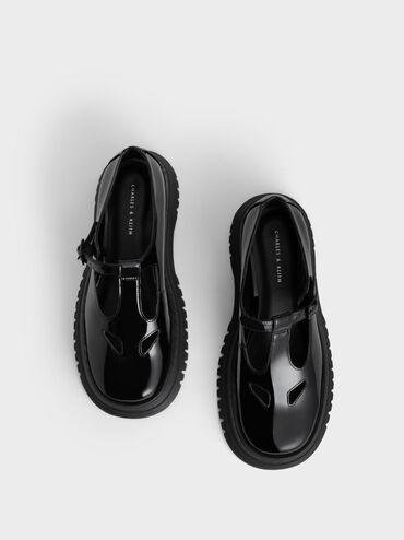 حذاء ماري جين بإبزيم مع قصة أمامية وجلد لامع, أسود, hi-res