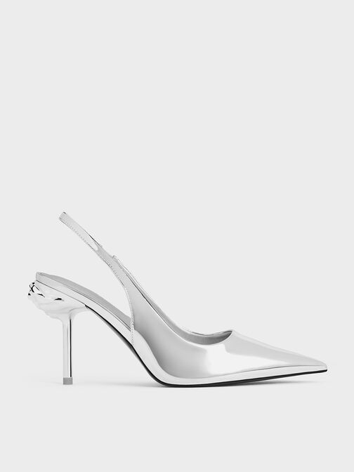 Flor Metallic Rose-Heel Slingback Pumps, Silver, hi-res