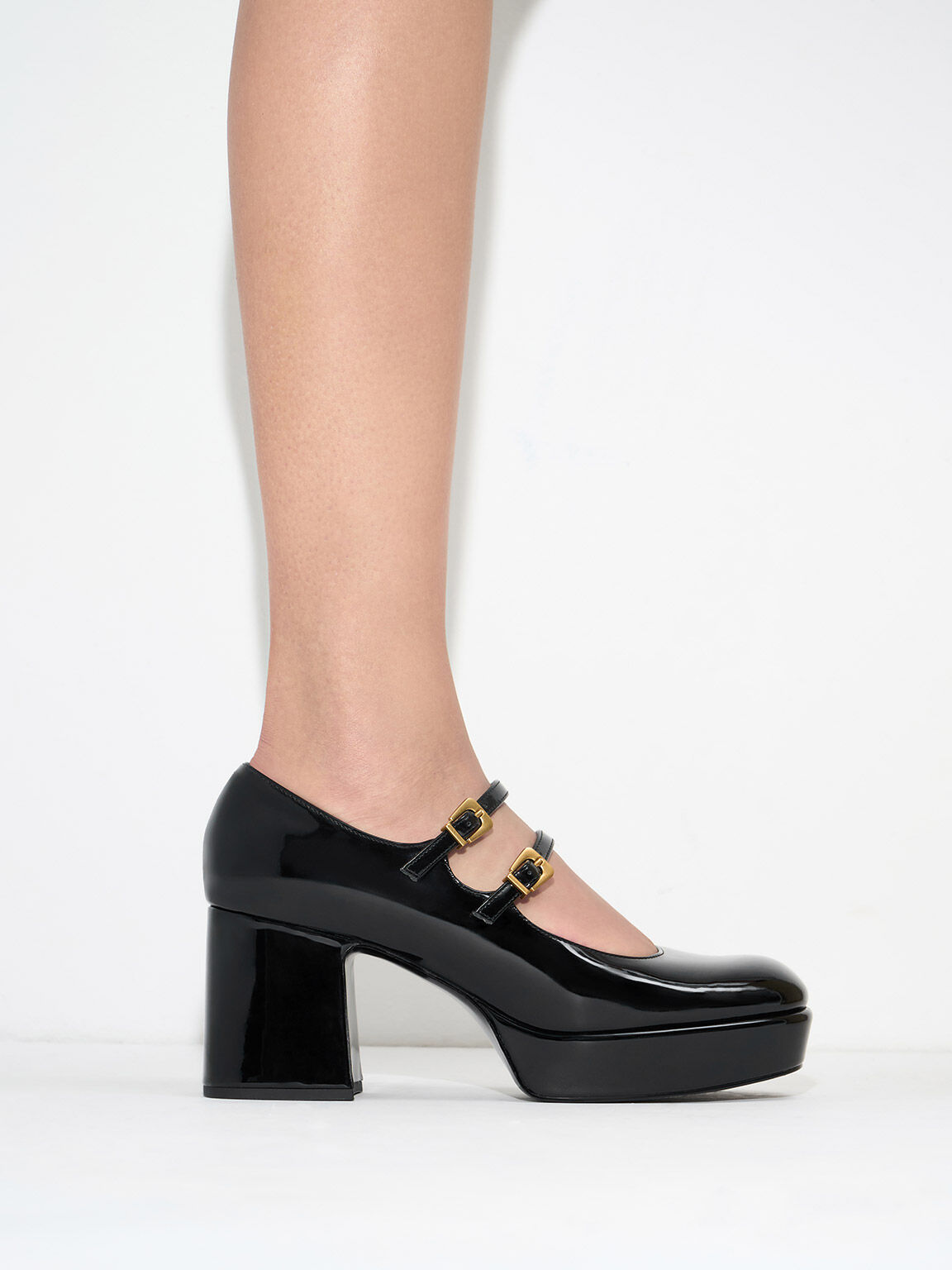 Patent Block Heel Mary Janes, Black, hi-res