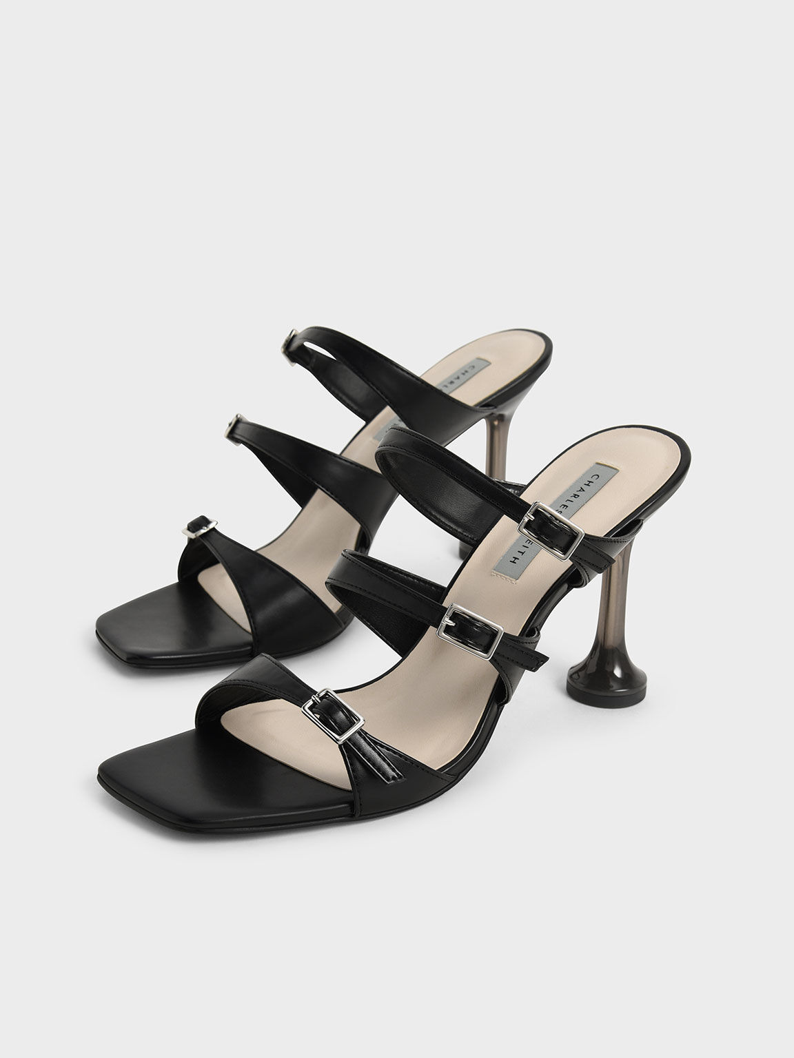 Triple Strap Sculptural Heel Mules, Black, hi-res