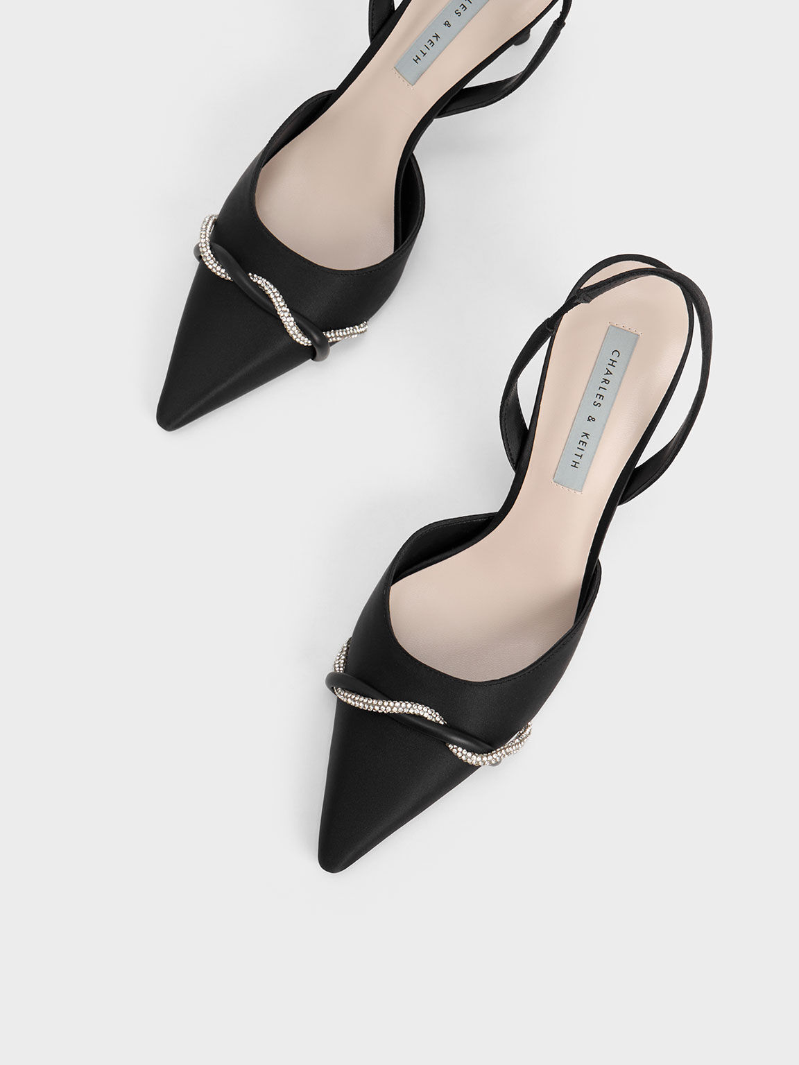 Twist Detail Satin Slingback Pumps, Black, hi-res