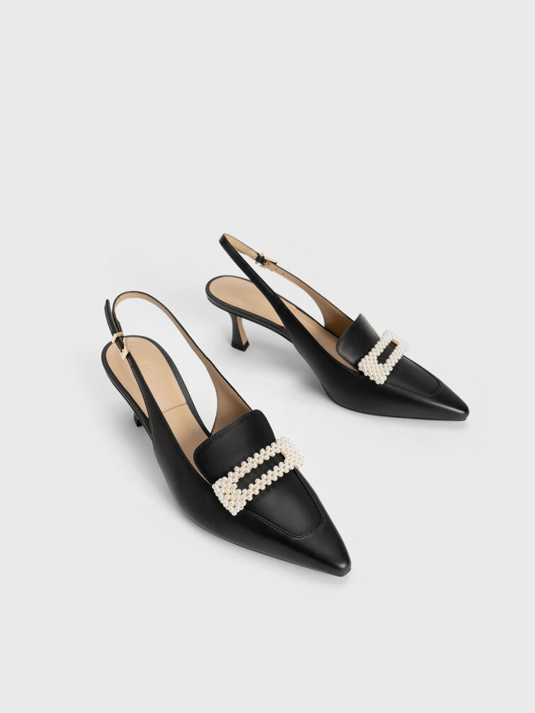 Leather Beaded Slingback Pumps, Black, hi-res
