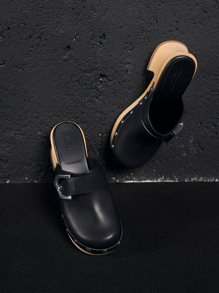 Gabine Studded Leather Clogs, Black, hi-res