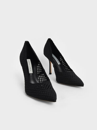 Knitted Stiletto Pumps, Black, hi-res