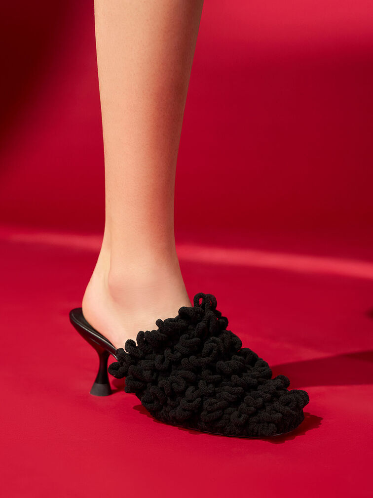 Textured Spool Heel Mules, Black, hi-res