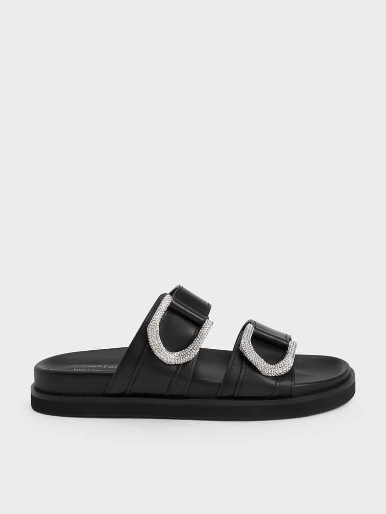 Gem-Embellished Gabine Slides, Black, hi-res