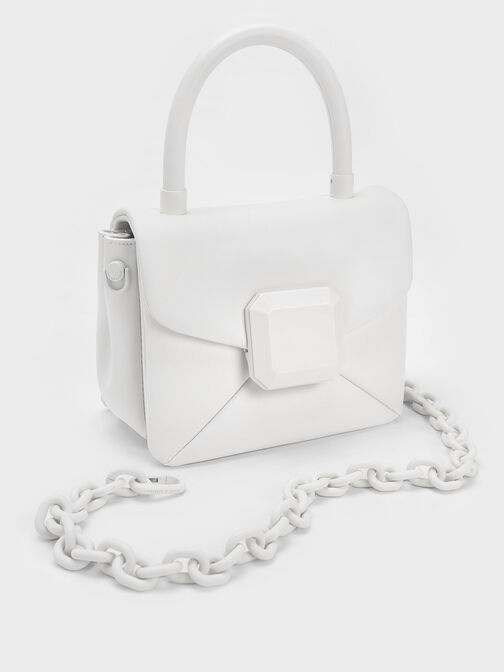 Geometric Push-Lock Top Handle Bag, White, hi-res