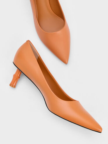 Bamboo Heel Pointed-Toe Pumps, Orange, hi-res