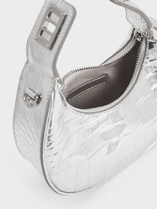 Mini Croc-Effect Metallic Moon Bag, Silver, hi-res