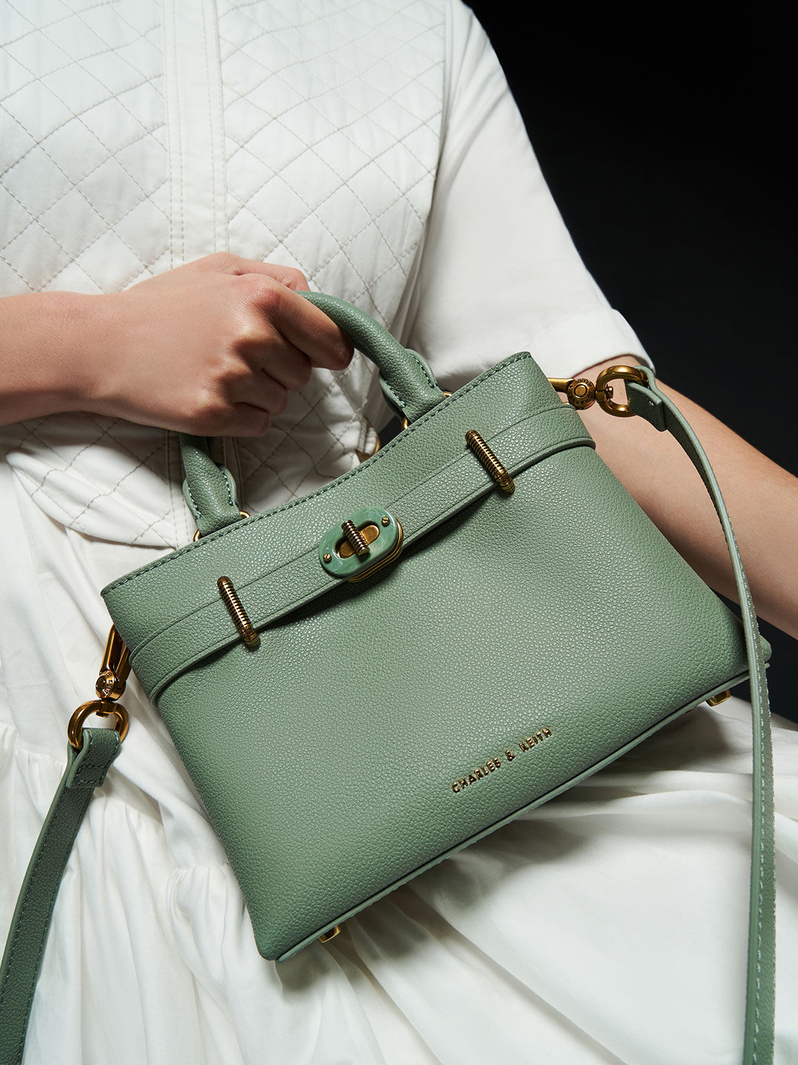 Sage Green Double Handle Turn Lock Structured Bag CHARLES KEITH SA